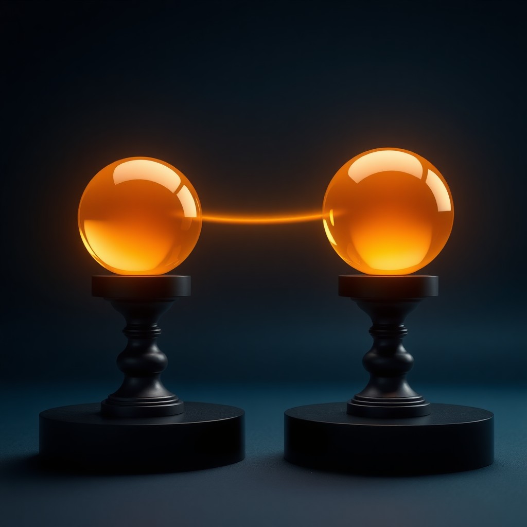 Bridge of light connecting two glowing amber orbs