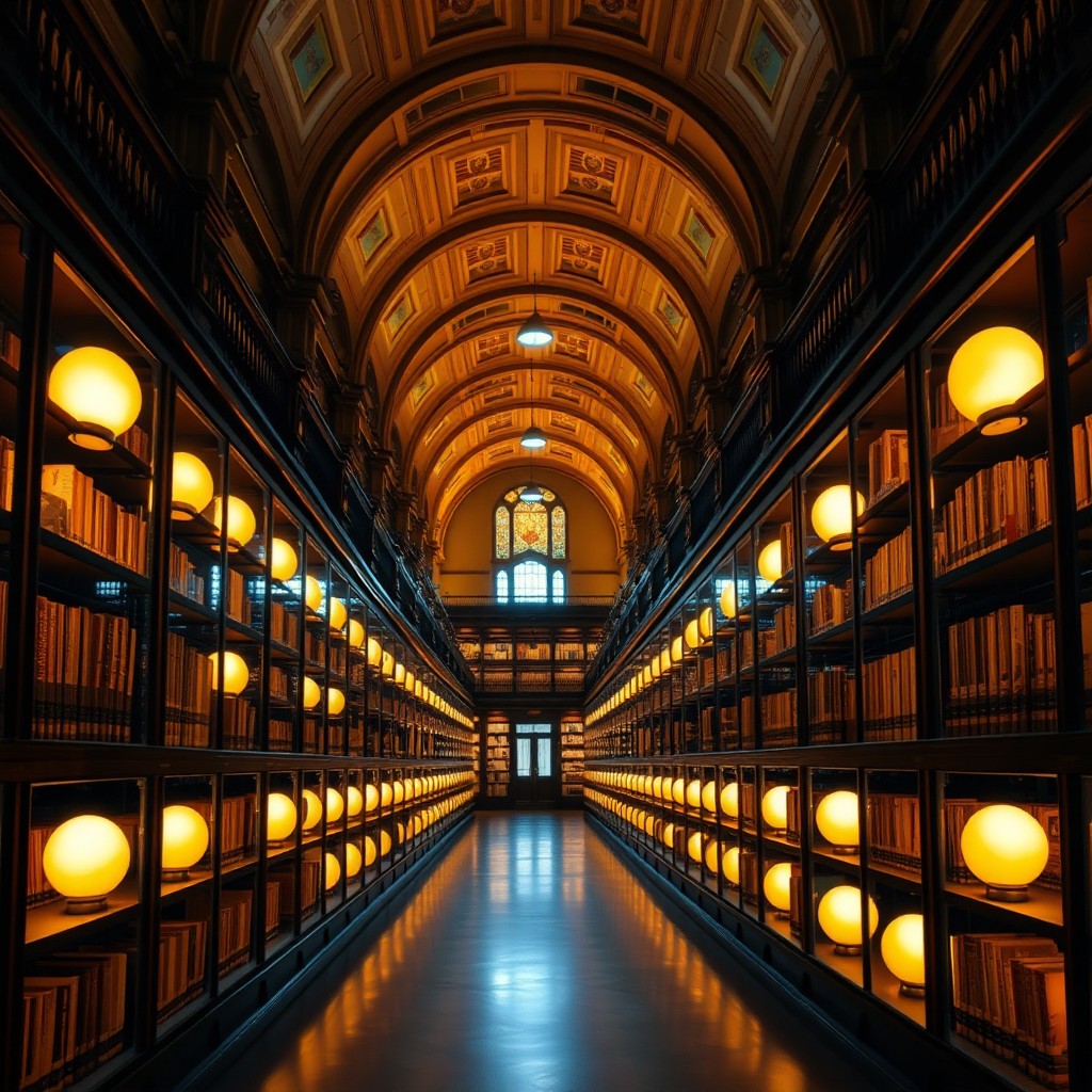 Legacy archive library with illuminated memory orbs