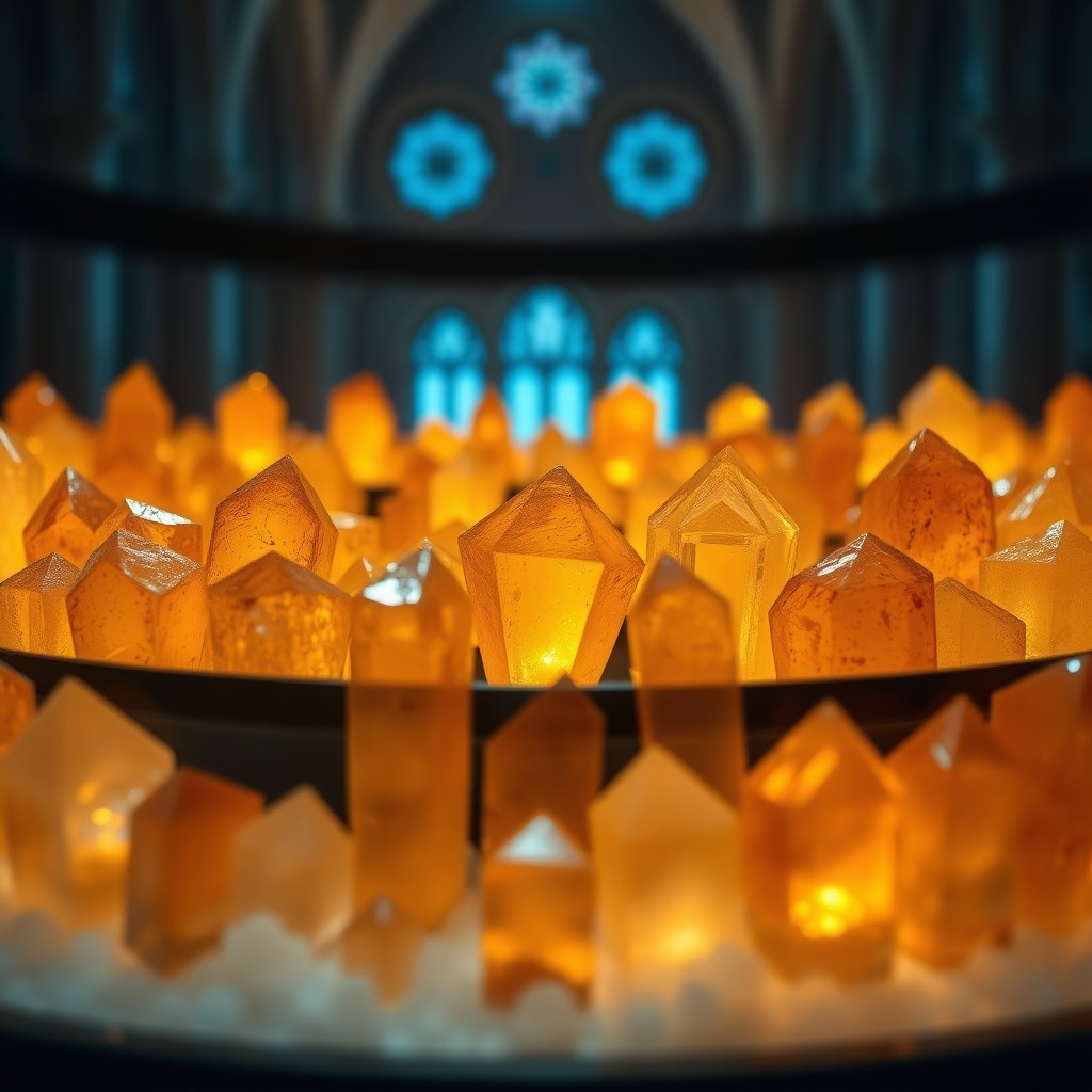 Crystalline memory preservation chamber with warm amber glow